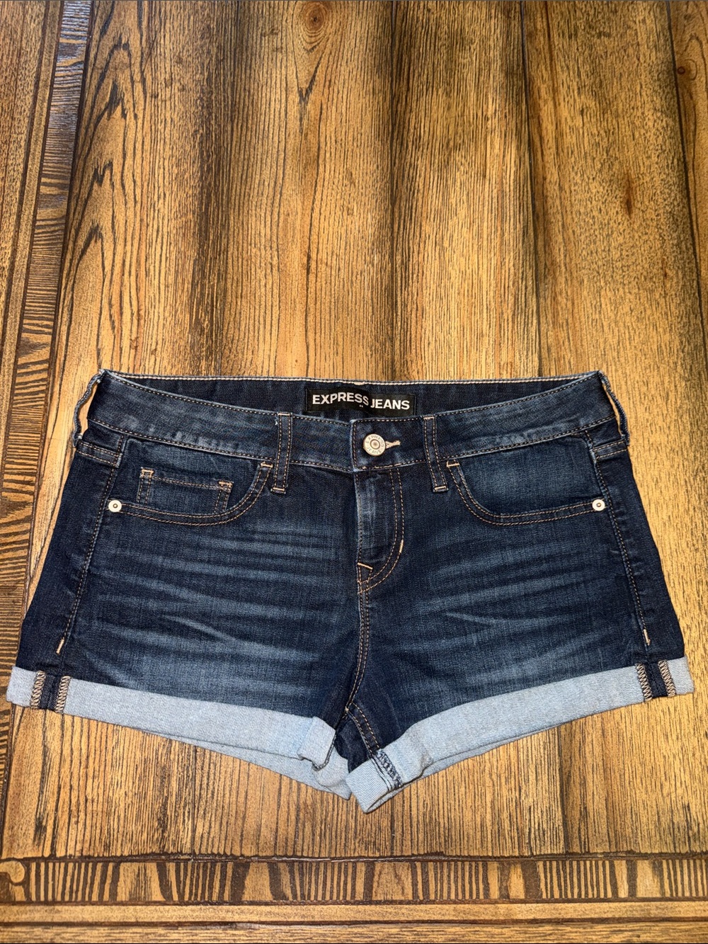 Express Dark Blue Denim Rolled Cuff Shorts